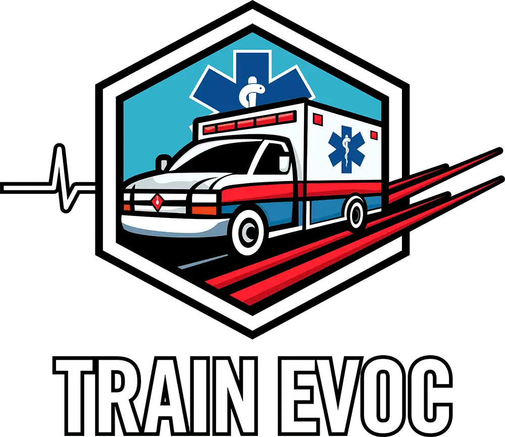 Train EVOC logo featuring a bold red-and-white ambulance with motion lines inside a hexagonal badge, backed by a star of life icon and EKG pulse line, with "TRAIN EVOC" in bold block lettering below.